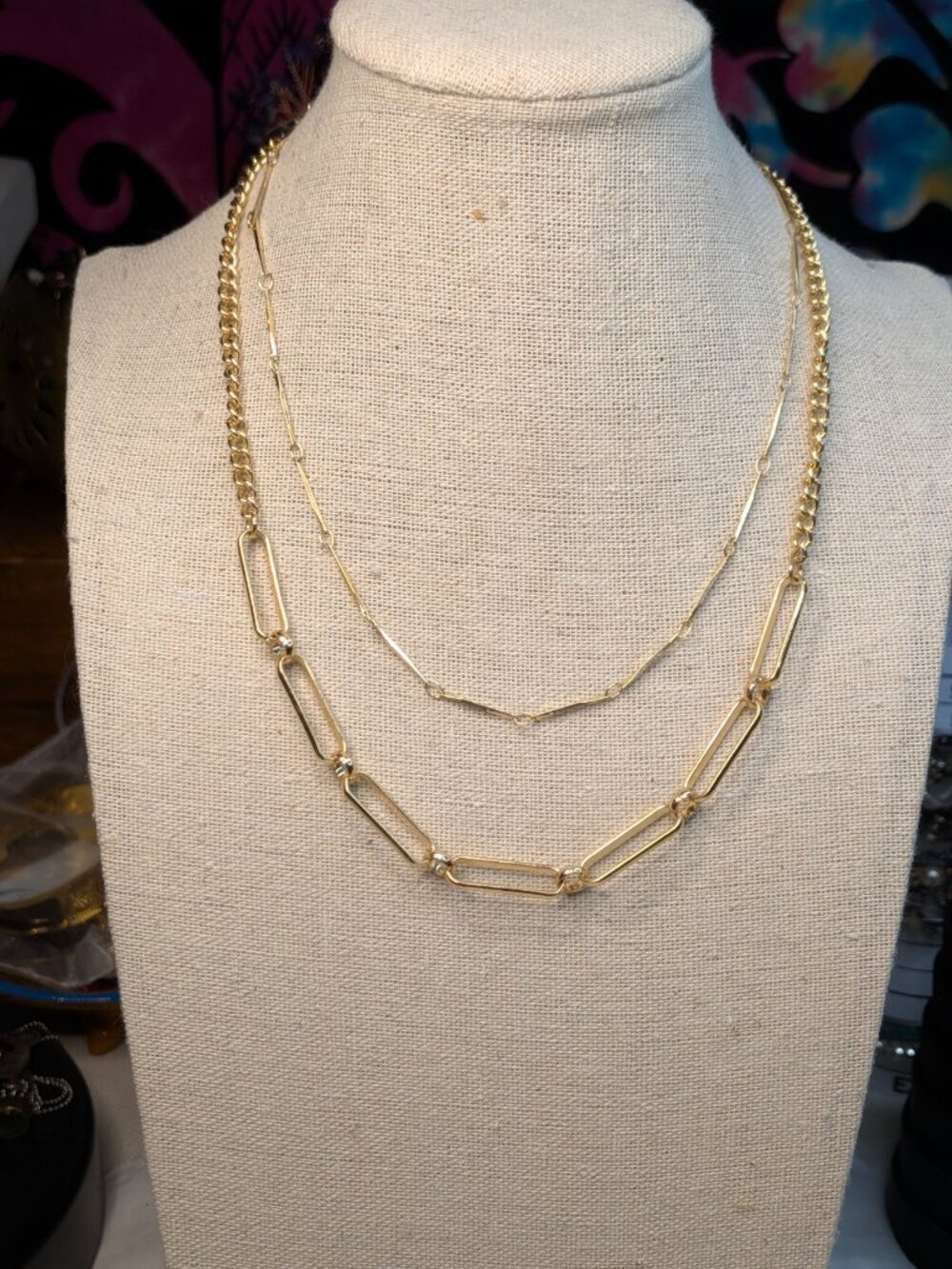 Layered Gold Tone Paperclip & Delicate Chain Necklace